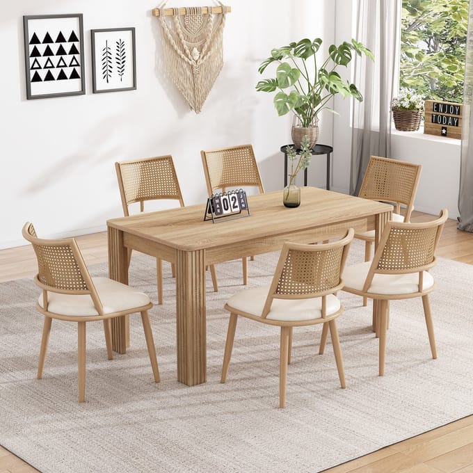 Eetkamerstoel - Set van 6 - Rattan Rugleuning - Modern Design - PU Leer - Beige