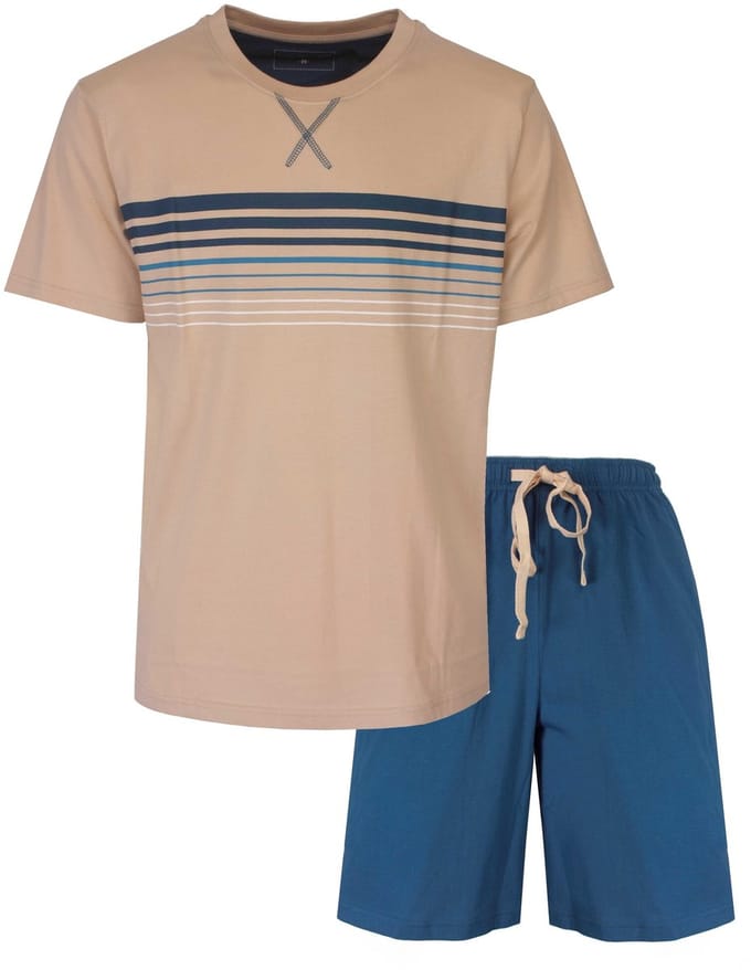 MEQ Heren Shortama - Pyjama Set - Horizontale Strepen - Beige - Maat L