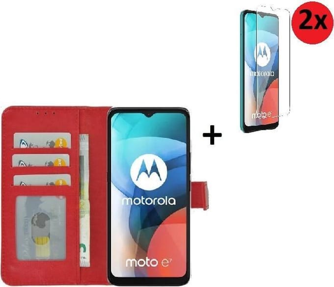 Motorola Moto E7 Hoesje - Motorola Moto E7 Screenprotector - Motorola Moto E7 Hoes Wallet Bookcase Rood + 2x Screenprotector
