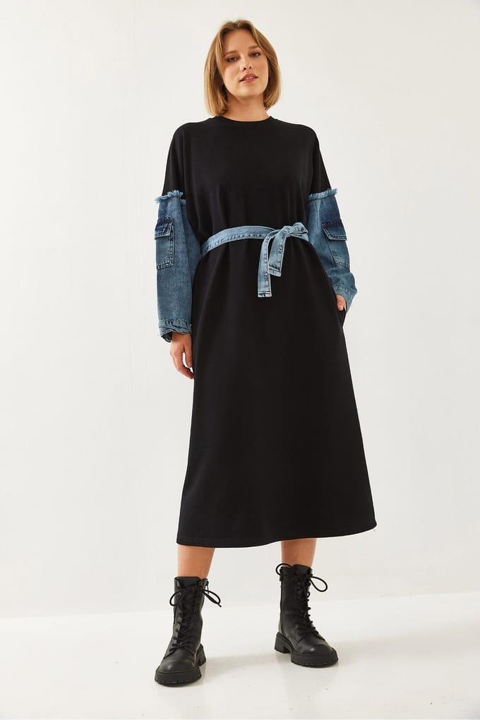 Gelaagde Denim Midi-jurk met Ronde Hals