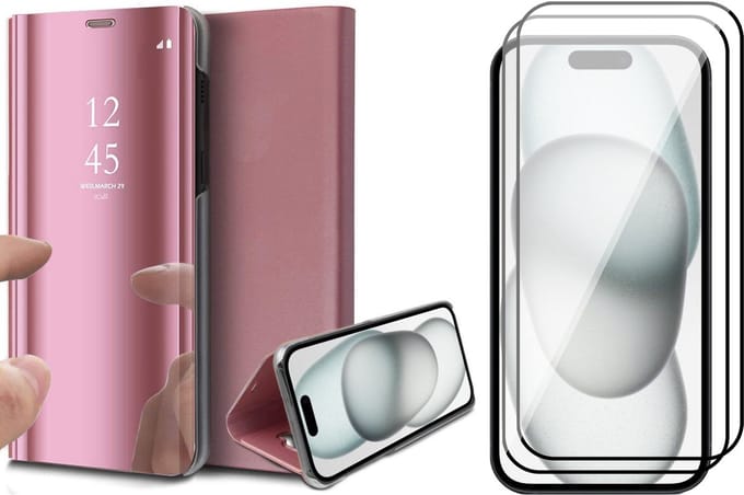 Hoesje geschikt voor iPhone 15 - 2x Screen Protector FullGuard - Book Case Spiegel Roségoud & Screenprotector