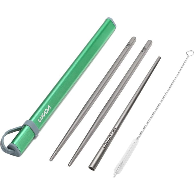 Lixada Camping Bestekset Titanium Eetstokjes Drinkrietje Reinigingsborstel Buiten Wandelen Backpacken Reizen BBQ