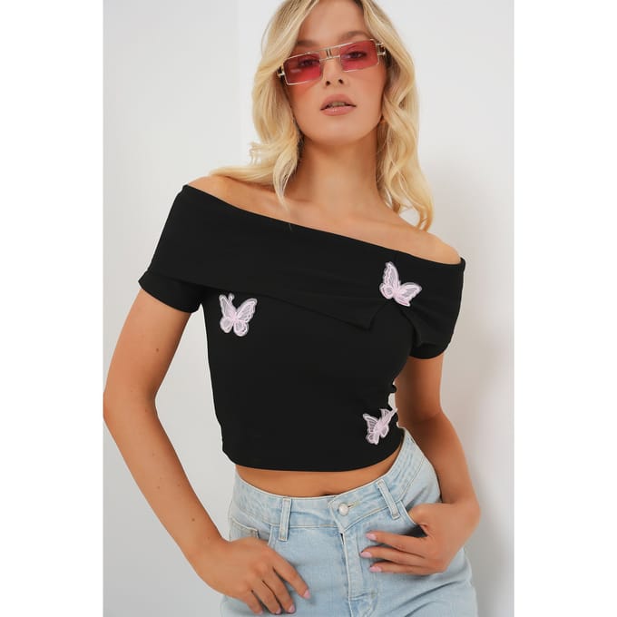 Vlinder Applique Off-Shoulder Korte Mouwen Crop Top