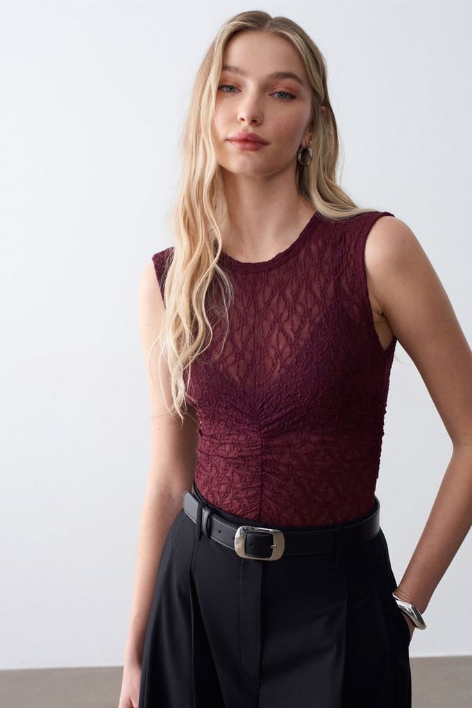 Mouwloze Kanten Geribde Blouse