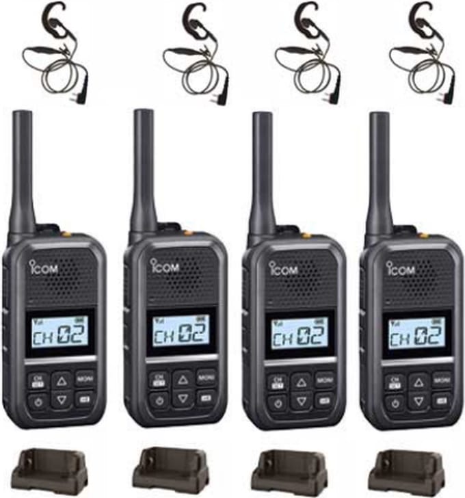 Set van 4 Icom IC-U20SR IP54 mini Portofoon met tafel lader en C-ring oortje