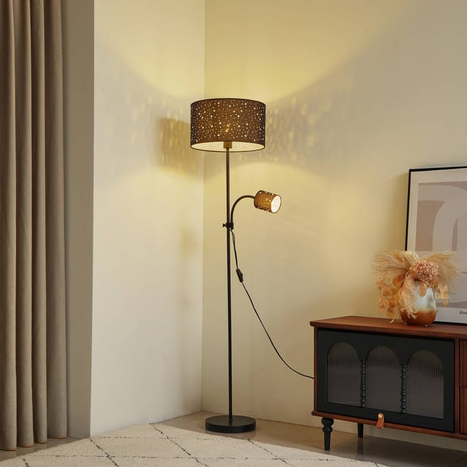 Lindby - vloerlamp - 2lichts - IJzer, textiel - H: 160 cm - E27 - mat nikkel, grijs