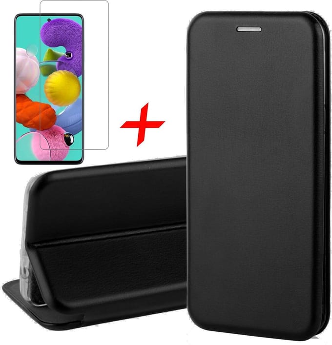 Hoesje geschikt voor Samsung Galaxy A51 - Screen Protector GlassGuard - Book Case Kunstleer ThinShield Zwart & Screenprotector
