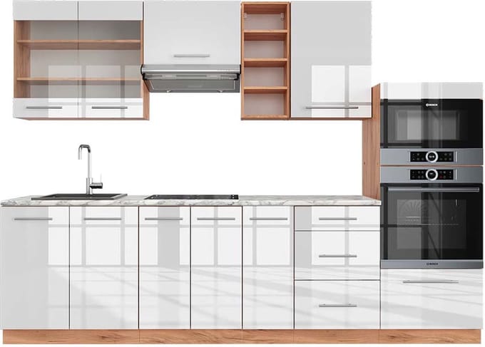 Vicco Fame-Line Complete keukeneenheid – 280 cm, WB Marmer Wit hoogglans/goud power eiken