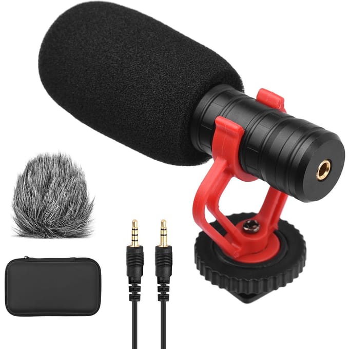 Andoer Camera Microfoon Cardioïde Condensator Microfoon met 3,5mm Poort Schokbestendige Montage Spons & Harig zwart