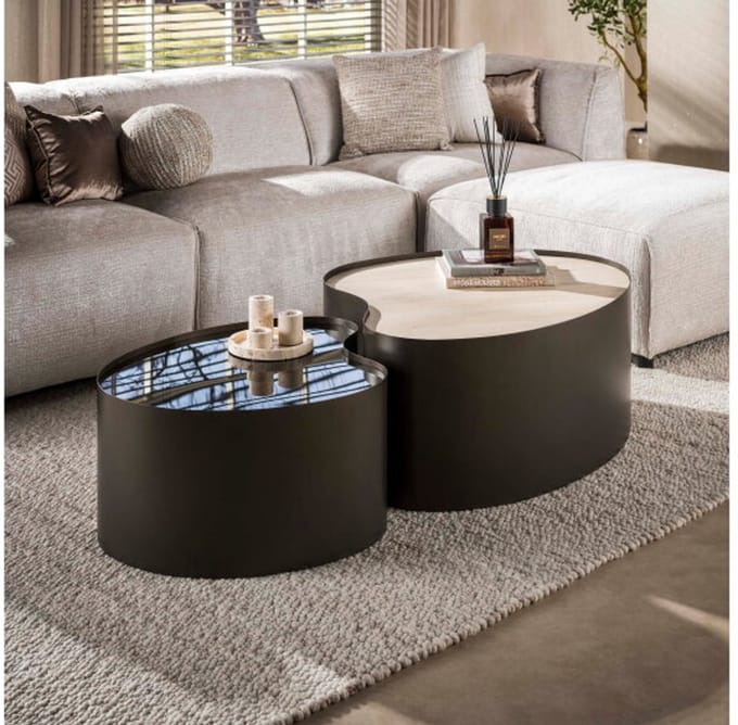Salontafel Metal organisch set/2 - 3D keramiek travertin