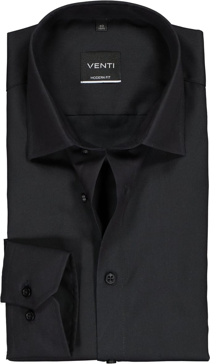 VENTI modern fit overhemd - mouwlengte 7 - zwart - Strijkvrij - Boordmaat: 41