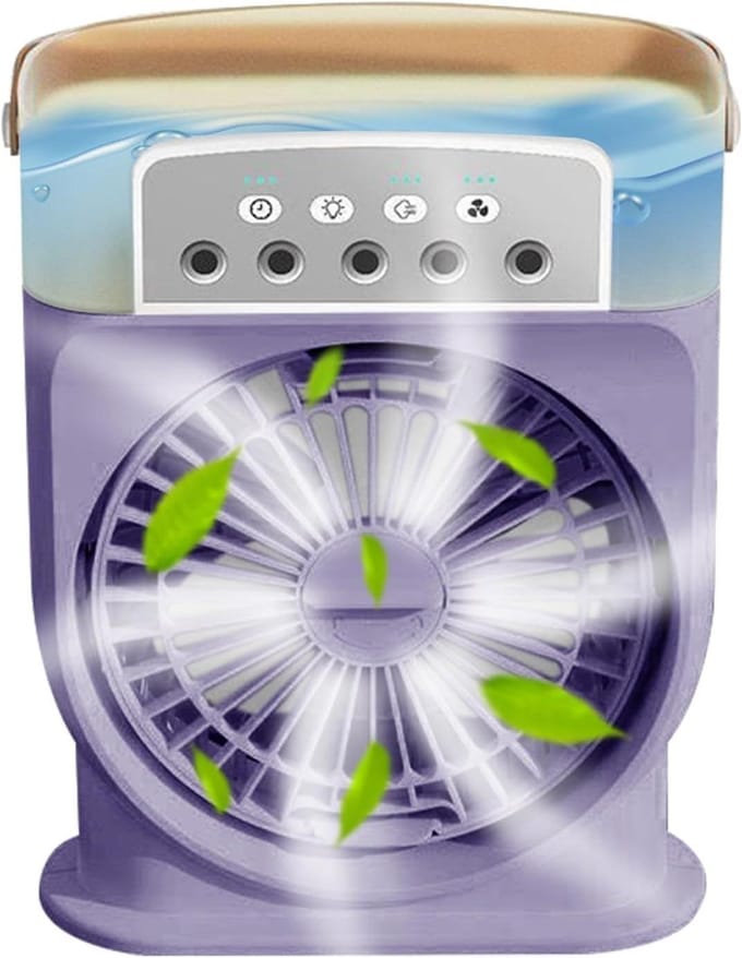 Draagbare Verstuiver - Ventilator met water - Buiten verkoeling - Vijf sproeiers - 600 ml tank - Paars