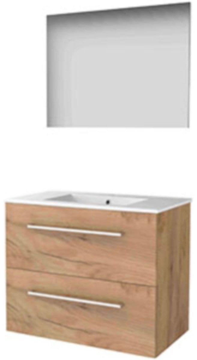 Basic-Line Basic 46 Badkamermeubelset - 80 x 46 cm - Met Grepen - 2 Lades - Keramische Wastafel - 1 Kraangat - Spiegel - Whisky Oak