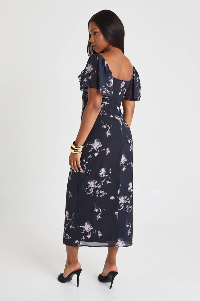 boohoo Dames Bloemenjurk met engelenmouwen in midaxi lengte | Black | Maat: 8