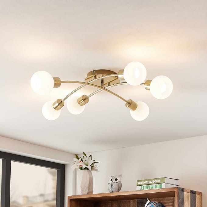Lindby - plafondlamp - 6lichts - ijzer, glas - H: 18 cm - E14 - messing, wit