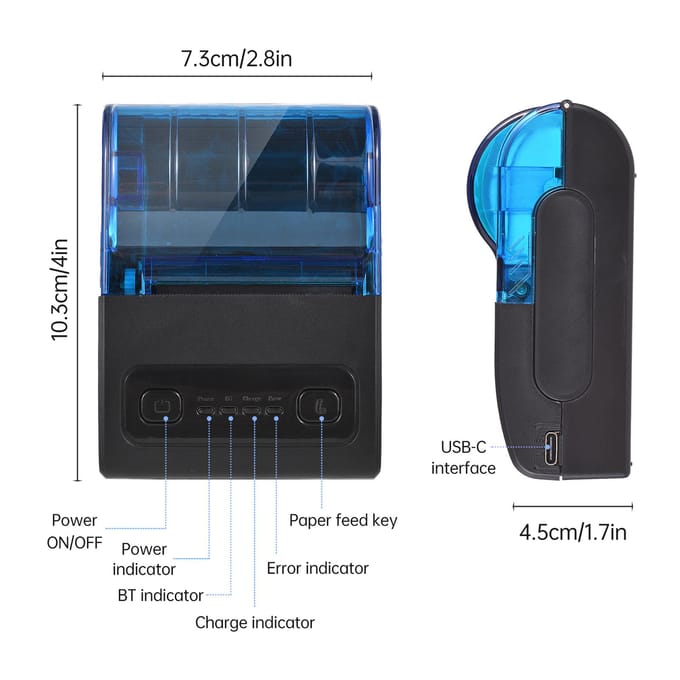 Bisofice draagbare mini-thermische printer 2 inch draadloze USB-bonbonbonprinter met 57 mm zwart