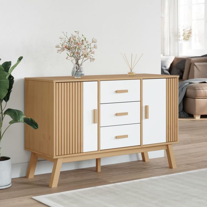 vidaXL - Dressoir - OLDEN - 114x43x73,5 - cm - massief - grenenhout - wit - en - bruin