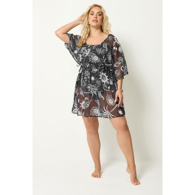 Yours Zwarte Strandprint Mesh Bloemenprint Strandkaftan Size 46-48