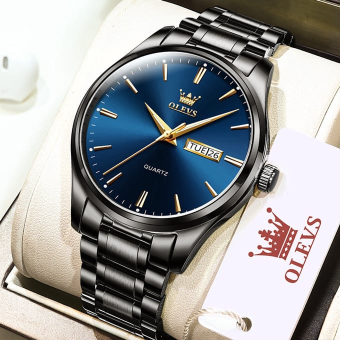 HO-6898.zw-bl : Olevs basic zwart edelstaal quartz horloge, blauwe wijzerplaat, dagnaam, kalenderdag