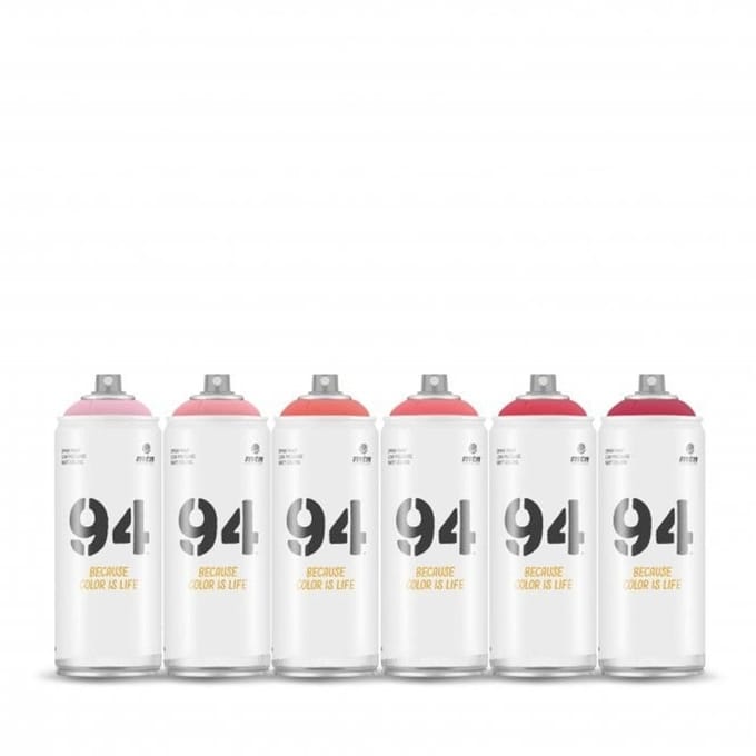 MTN94 spuitbussen pakket - 6x Rode tinten - Lage druk, matte afwerking graffiti spuitverf - 400ml