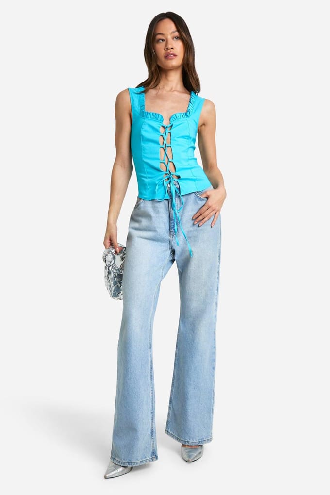 boohoo Dames Lange Bengaline Naaddetail Top met Vetersluiting | Turquoise | Maat: 42
