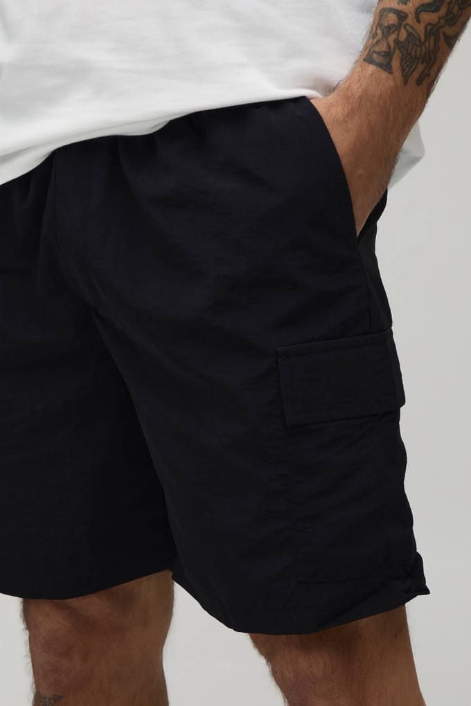 Essential Relaxed Fit Elasticated Nylon Cargo Shorts | Black | Size Small