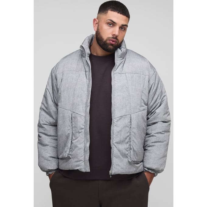 Plus Oversized Fit Gewassen Nylon Gevoerde Funnel Neck Puffer Jas | Grey | Size 2XL