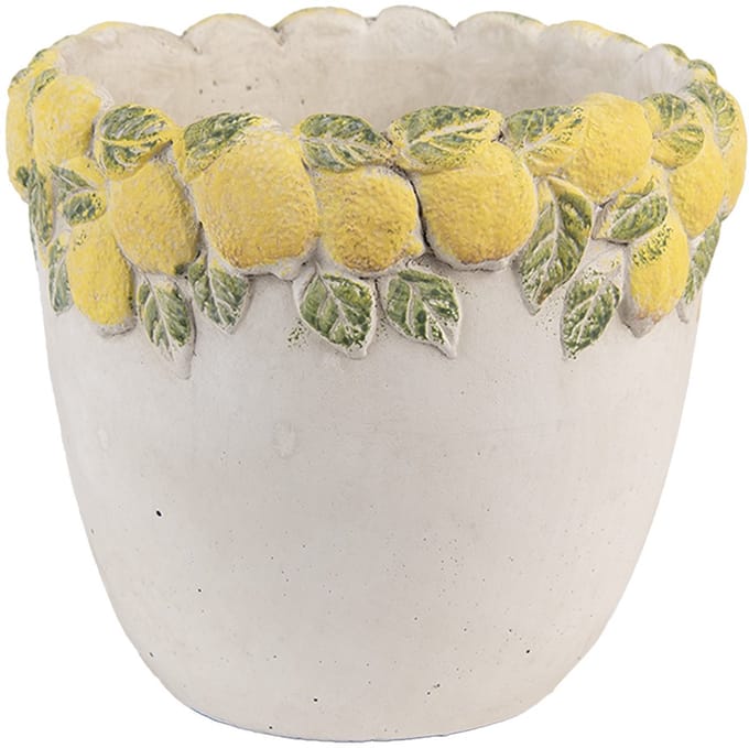 Clayre & Eef Bloempot Ø 16x15 cm Wit Geel Steen Citroen