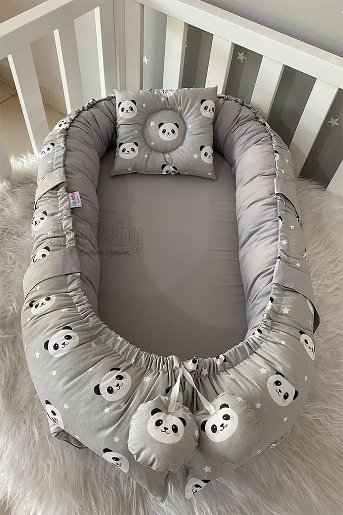 Babynestje en Hoofdkussen- Grijs en Panda Patroon - 74 x 40 cm