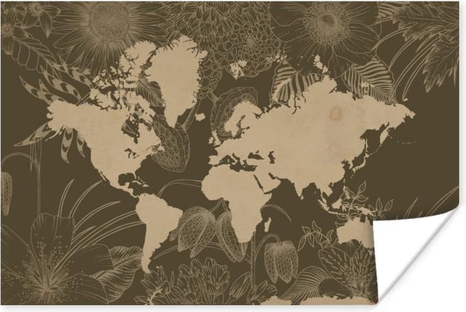 Poster Wereldkaart - Bloemen - Bruin - 30x20 cm