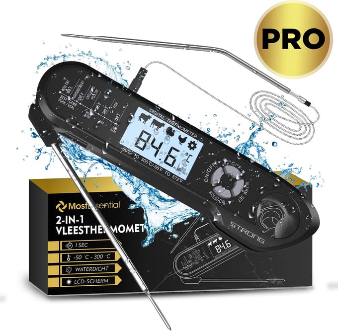 MostEssential 2-in-1 Vleesthermometer PRO Edition – Digitale Kernthermometer met Uitklapsonde & Losse Kabelsonde met Alarm - BBQ & Oventhermometer - Waterdicht IP67