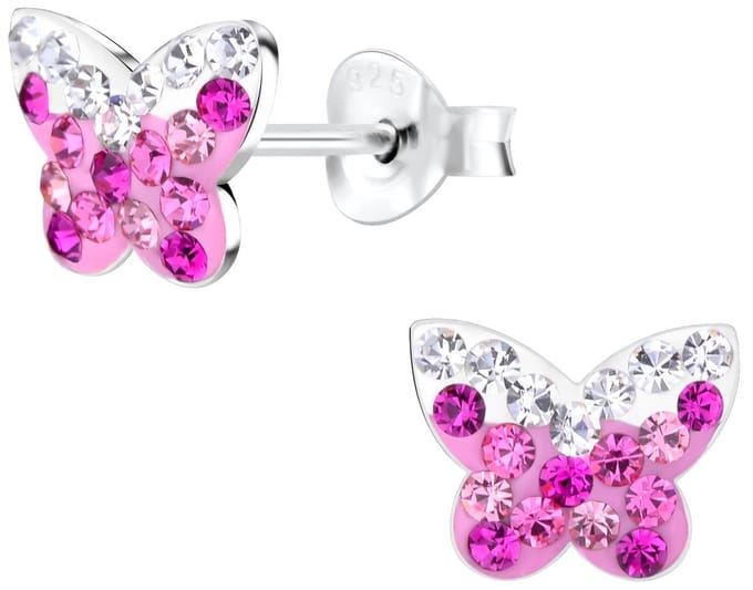 Joy|S - Zilveren vlinder oorbellen - kristal roze wit - 9 x 7 mm