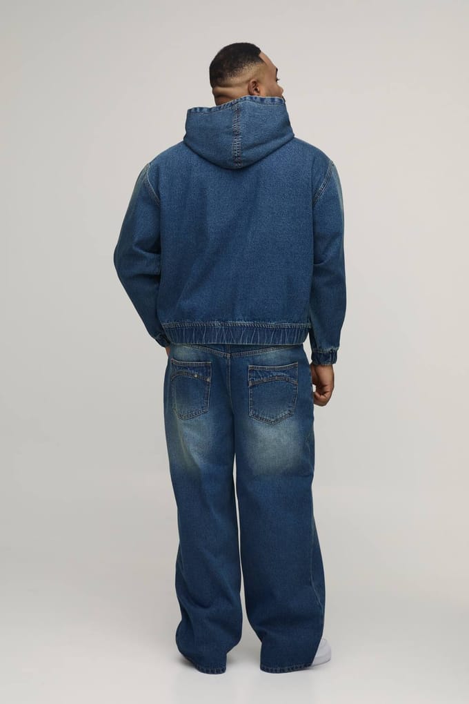 Plus Gewassen Denim Hoodie Met Rits | Mid Blue | Size 3XL