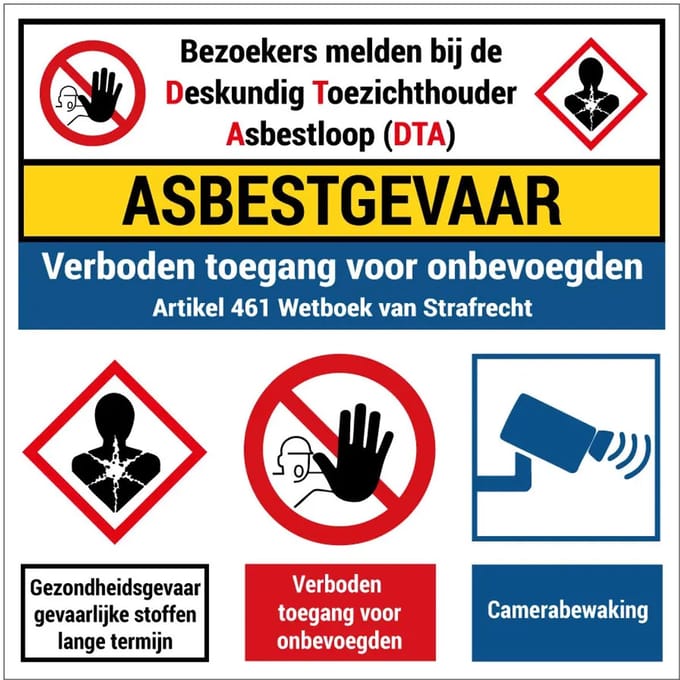 Bezoekers melden bij DTA asbestgevaar sticker | 30 x 30 cm