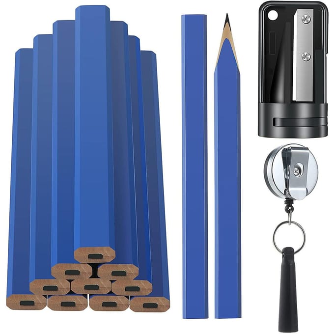 12 stuks timmermanspotloden met puntenslijper, plat houten constructiepotlood, timmermansmarkeerpotloden blauw