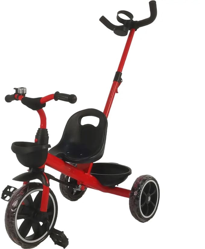 New Sports driewieler met duwstang en vrijloop, rood multicolor.