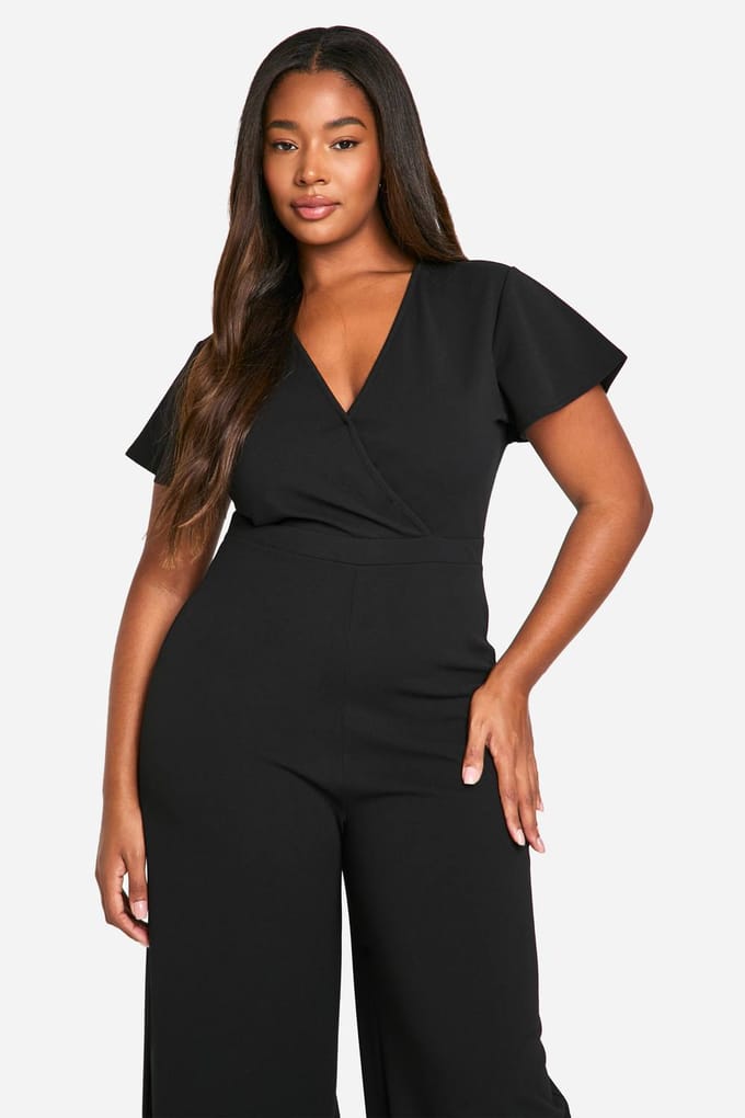 boohoo Dames Plus Wrap Over Wide Leg Jumpsuit | Black | Maat: 28