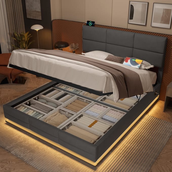 REDOM opbergbed 140x200 cm – Fluweel, hydraulisch, LED, USB/Type-C – Donkergrijs