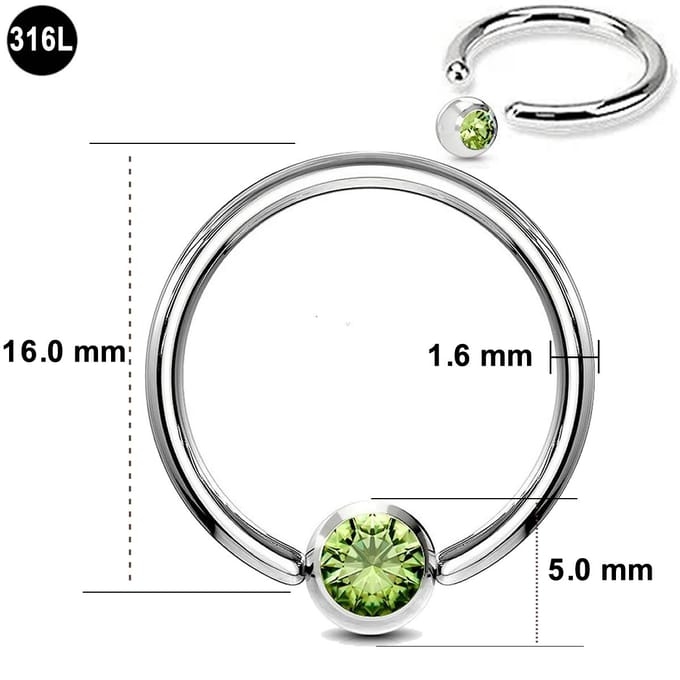 Ball Closure Piercing Ring – 1.6 mm Dikte – 16.0 mm Diameter – Chirurgisch Staal - Groene steen