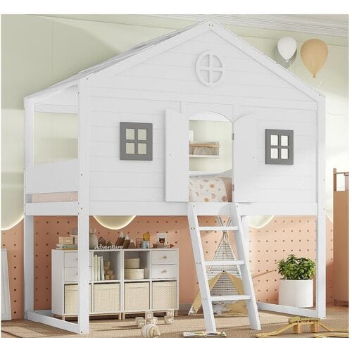 ModernLuxe Stapelbed 90x200 cm in massief hout - met ladder - met dakvorm - Wit
