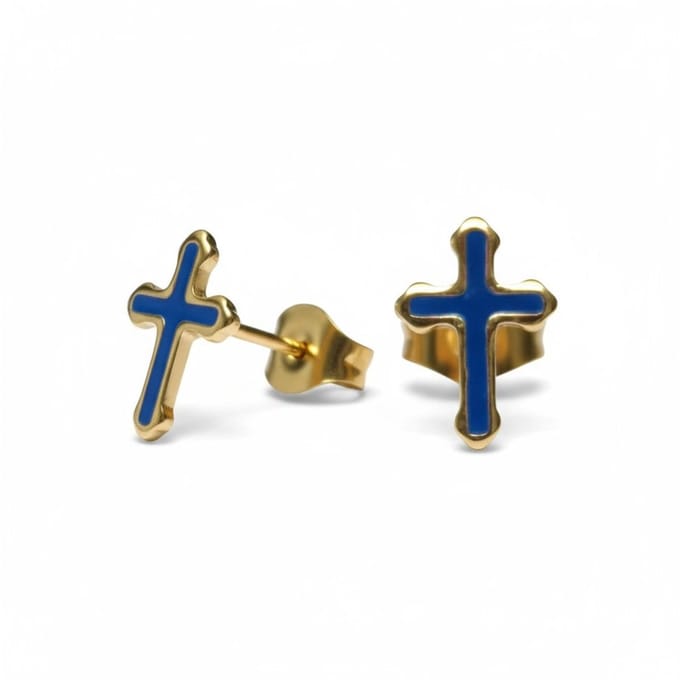 Rvs sieraden - Goudkleurige kruisjes oorbellen dames- Blauw emaille