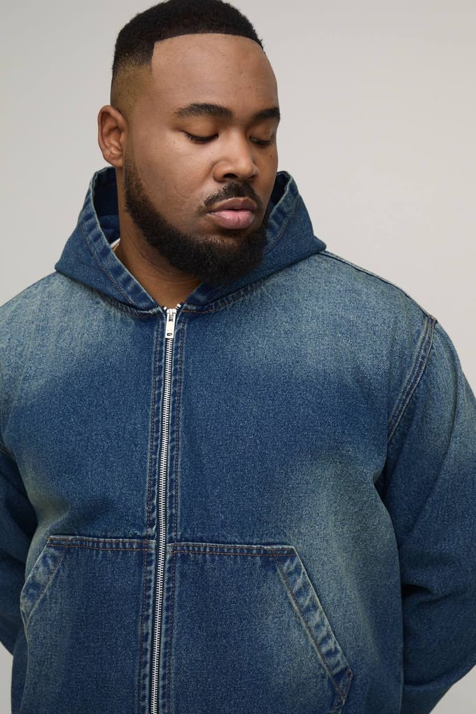 Plus Gewassen Denim Hoodie Met Rits | Mid Blue | Size 3XL