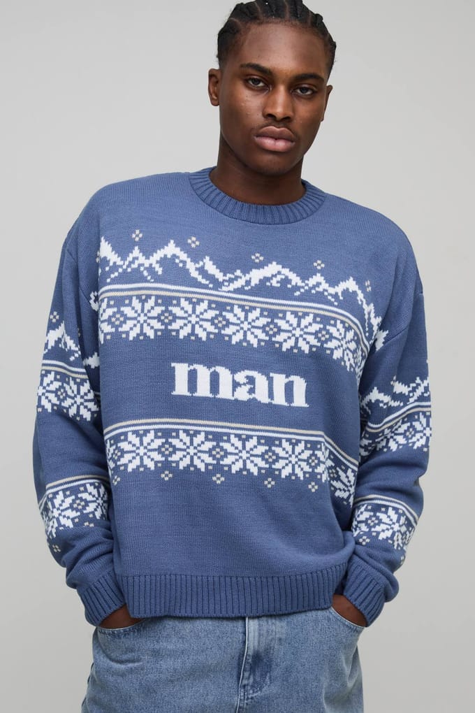 Oversized Boxy Fair Isle Kerst Gebreide Trui | Blue | Size Large