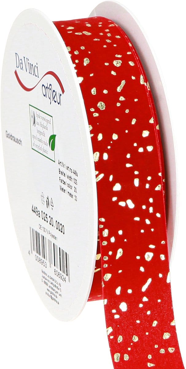 Kerstlint met gouden spikkels, rood, 25 mm, 20 m