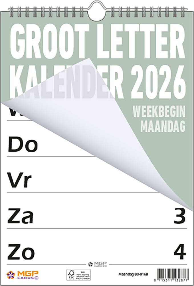 MGPcards - Grootletter kalender 2026 - Grootcijfer kalender - Week Planner - Week begint op maandag - 21 x 34 cm - Grijs groen