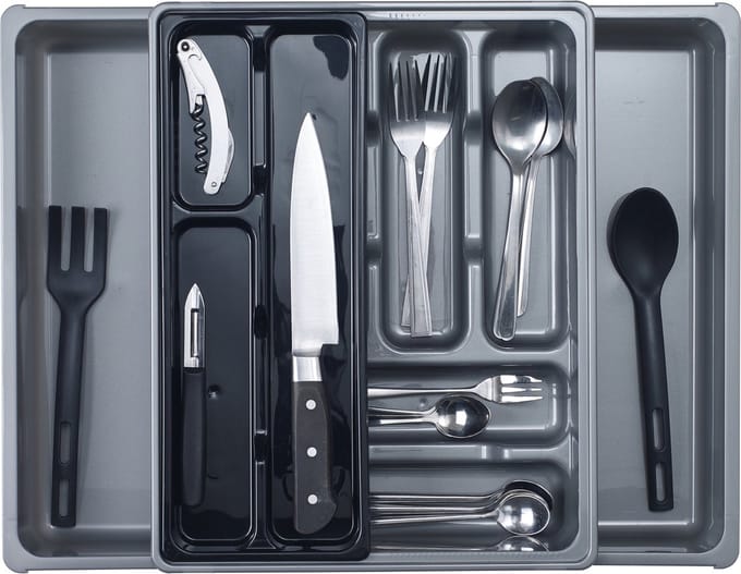 Bestekbak/keuken organizer - 9 tot 11 vaks - grijs - uitschuifbaar
