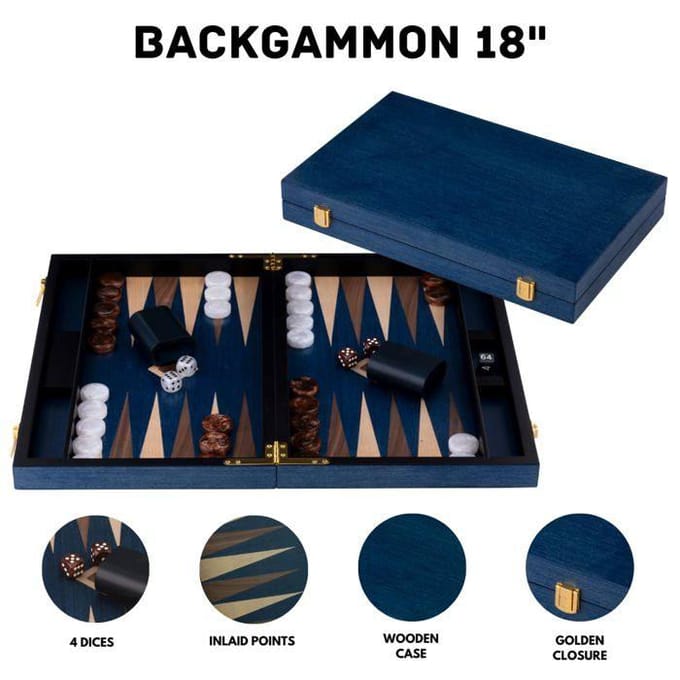 Backgammon 18" blauw, walnut & maple trangle - Longfield