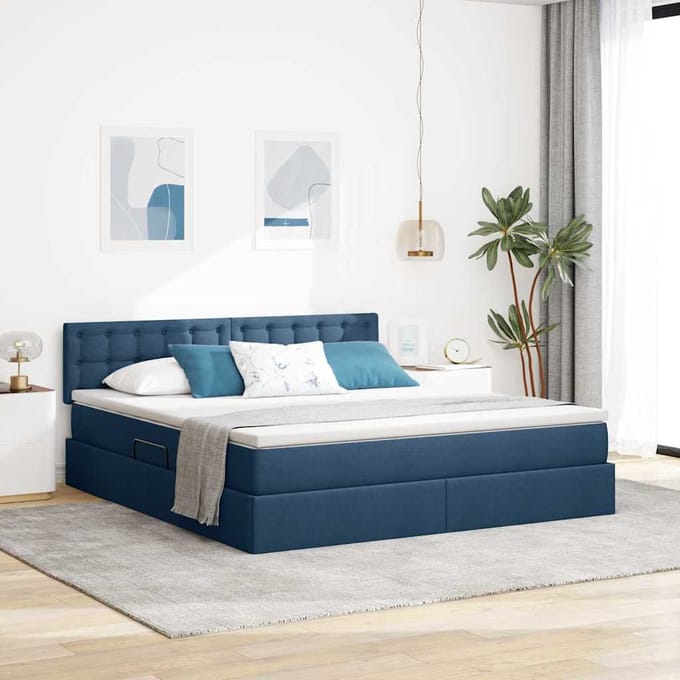 vidaXL - LED - opbergbed - met - matras - Blauw - 160 - x - 200 - cm - Stof