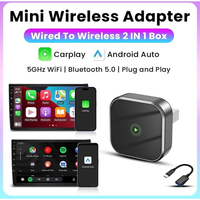 2-in-1 Draadloze CarPlay Bekabeld naar Draadloos Android Auto Adapter Mini Slimme AI Box Type-C USB Plug and Play