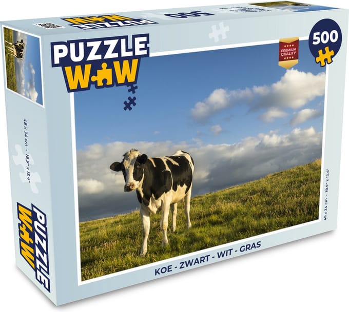 Puzzel Koe - Zwart - Wit - Gras - Legpuzzel - Puzzel 500 stukjes
